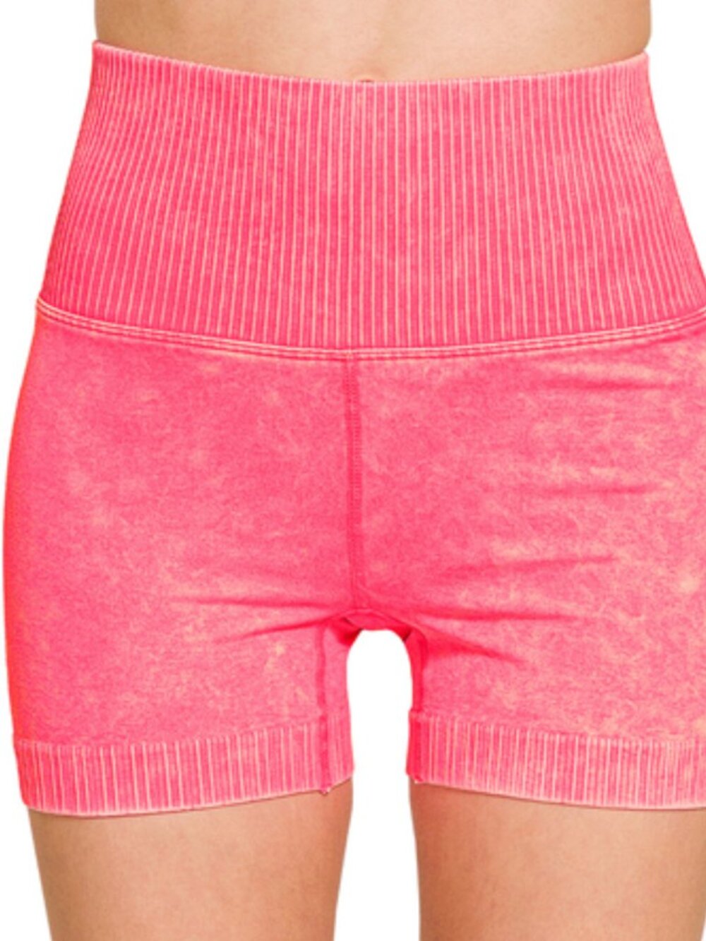 Washed Seamless High Waisted Shorts in in Neon Coral Fuchsia